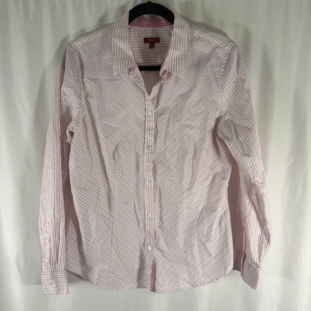 Talbots Hagerdashery Blouse Women's 14 Pink White Striped Button Up Long Sleeve